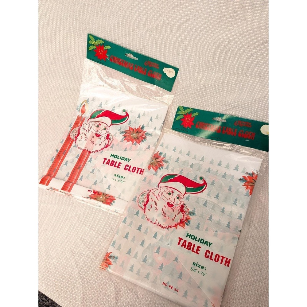 2 Vintage Christmas plastic Tablecloth Mid Century New 54-72" kitschy vintage